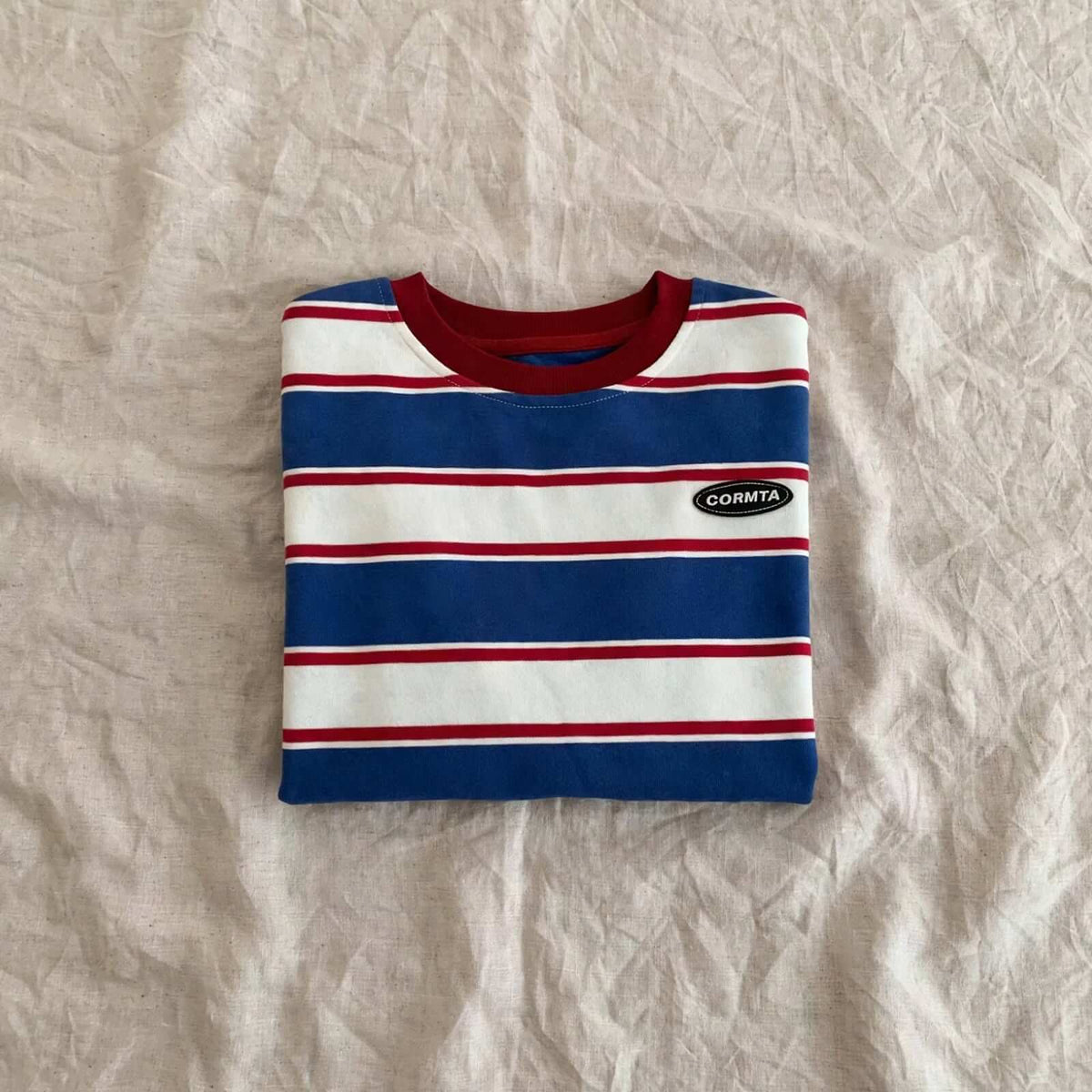 T-Shirt Rayé Enfant CORMTA - Manches Longues Bleu, Blanc et Rouge