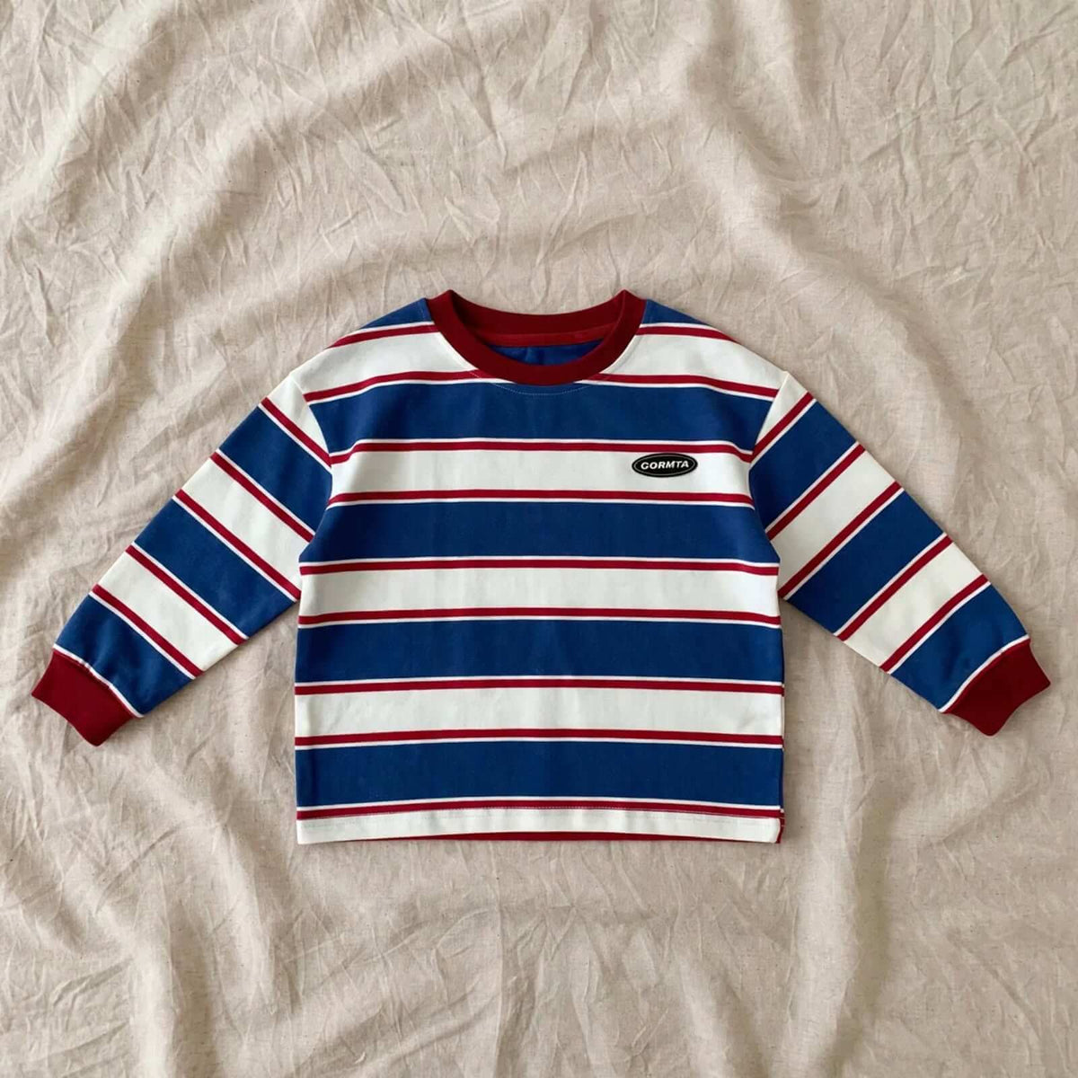 T-Shirt Rayé Enfant CORMTA - Manches Longues Bleu, Blanc et Rouge