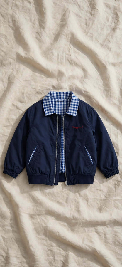veste bomber réversible enfant Varenne en bleu marine avec doublure à carreaux