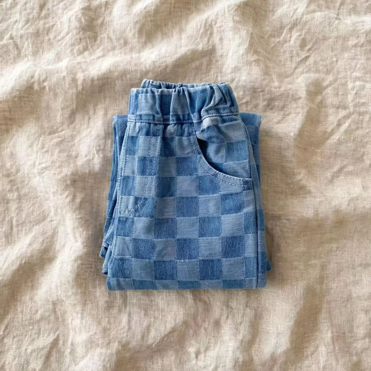 Denim Checkerboard Pants - Wide Check Baby Pants 0-3 years | Varenne Kids Club