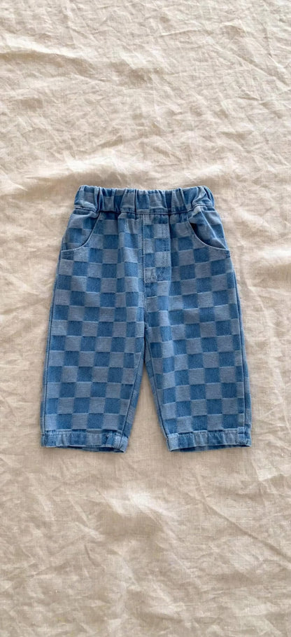 Denim Checkerboard Pants - Wide Check Baby Pants 0-3 years | Varenne Kids Club