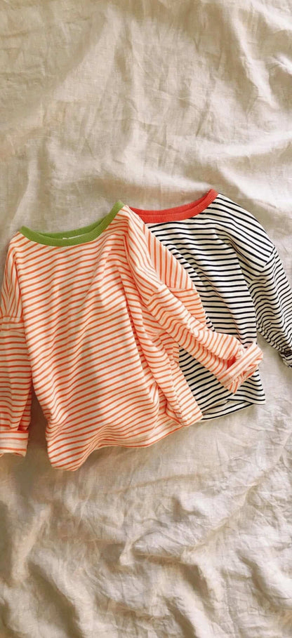 T-Shirt Rayé Enfant Manches Longues - Col Contrastant