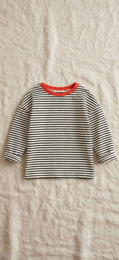 T-Shirt Rayé Enfant Manches Longues - Col Contrastant