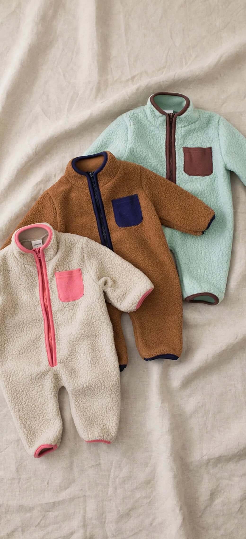 Combinaison Bébé Zippée Aspect Bouclette - Beige, Marron ou Vert