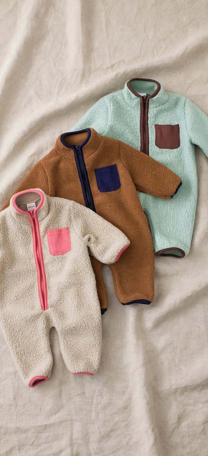Combinaison Bébé Zippée Aspect Bouclette - Beige, Marron ou Vert