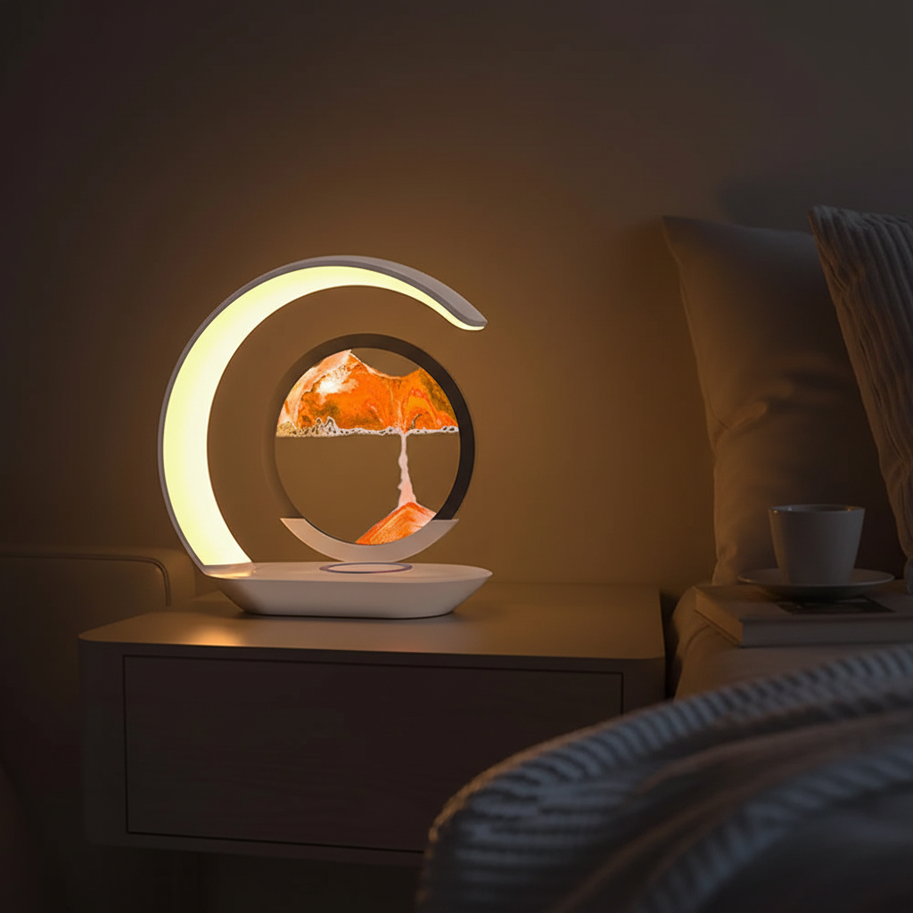 Lampe de table ambiance relaxante, sable mouvants, ornements de sablier 3D, charge multimédia sans fil.
