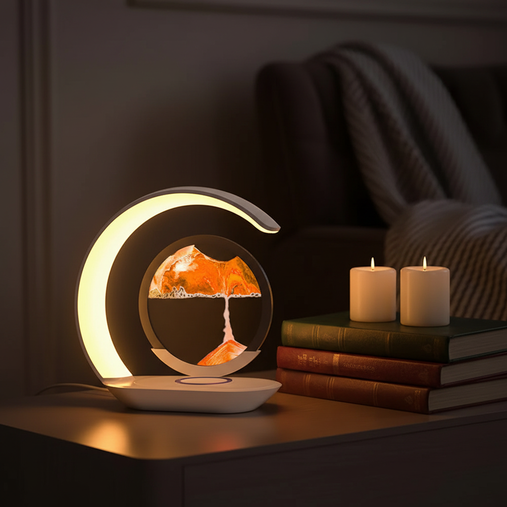 Lampe de table ambiance relaxante, sable mouvants, ornements de sablier 3D, charge multimédia sans fil.