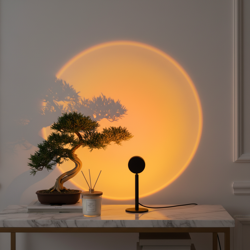 « Lampe effet coucher de soleil, ambiance de pièce apaisante. »