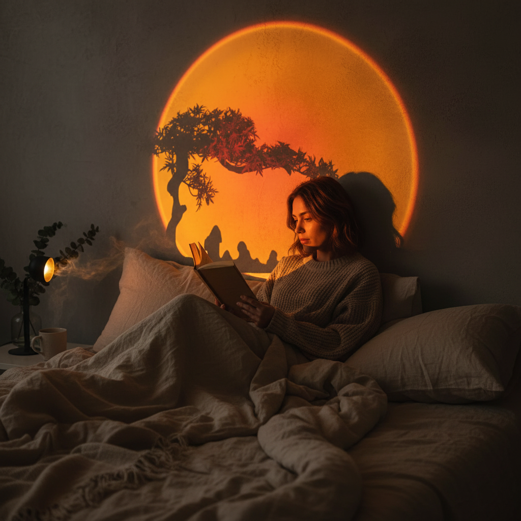 « Lampe effet coucher de soleil, ambiance de pièce apaisante. »